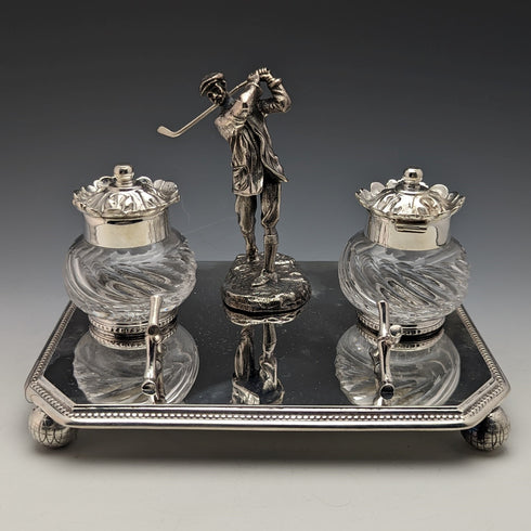 British Vintage Silver Plated Golf Design Pen Stand & Inkwell Pair